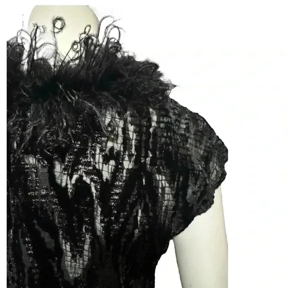 Vintage Joseph Ribkoff Black Burnout Velvet Ostrich Feather Top Evening Glam - Picture 7 of 13
